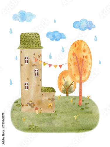 Cute watercolor autumn house surrounded by colorful trees and falling leaves. Cozy fall landscape perfect for seasonal cards, posters, prints, and home decor.