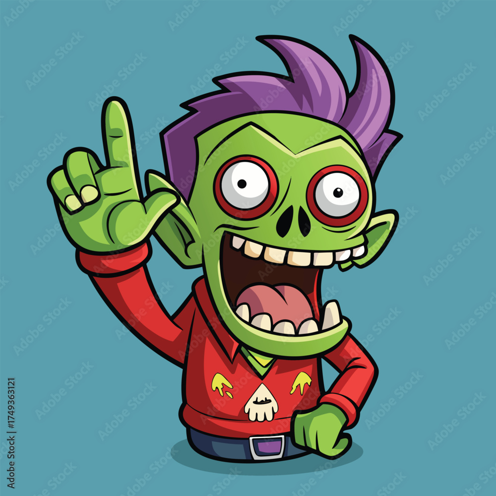 Fototapeta premium Cartoon zombie character with raised index finger great idea pose