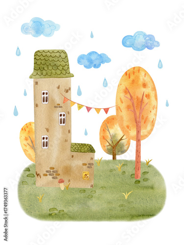 Cute watercolor autumn house surrounded by colorful trees and falling leaves. Cozy fall landscape perfect for seasonal cards, posters, prints, and home decor.