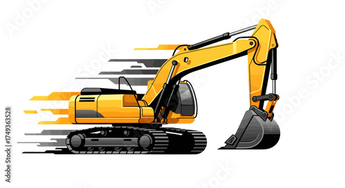 A dynamic yellow excavator with motion trails, representing fast construction work. Professional vector, isolated on white background