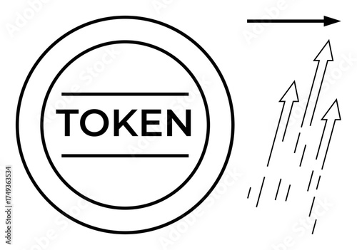 Circular token labeled TOKEN beside upward-pointing arrows and forward arrow symbolizing growth, innovation, and future trends. Ideal for finance, blockchain, technology, investment, progress
