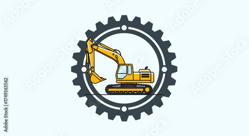 An emblem of a yellow construction excavator inside a grey gear, symbolizing heavy machinery and engineering. Professional vector, isolated on solid background