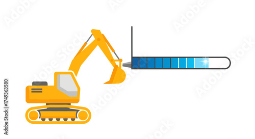 Excavator filling a progress loading bar concept for website under construction or development, Professional vector, isolated on white background