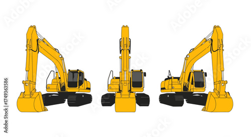 Yellow heavy-duty excavator from front, side, and rear views. Professional vector, isolated on white background