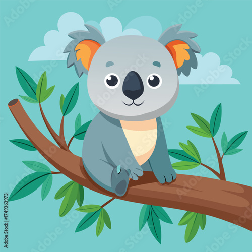 Cute cartoon koala bear sitting on tree branch illustration art