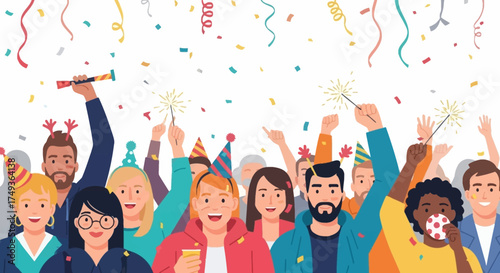 Diverse group of people celebrating with confetti and sparklers at a lively party event