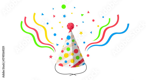 Festive birthday hat with confetti and streamers, celebrating a special occasion