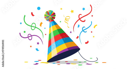 Colorful birthday party hat with confetti and streamers. Vector illustration isolated on a white background
