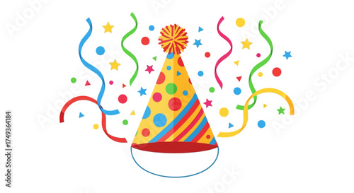 A colorful birthday party hat with a pom-pom, decorated with polka dots and stripes, surrounded by festive confetti for a celebration