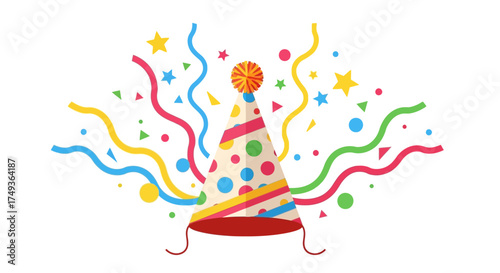 Happy Birthday Party Hat Surrounded by Confetti and Streamers, Festive Celebration