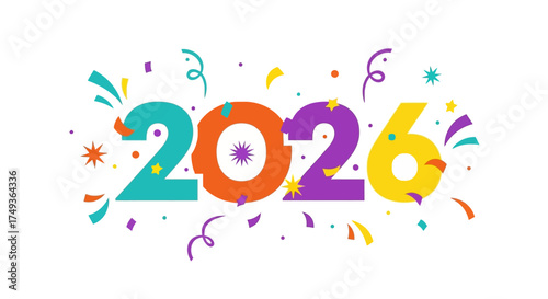 Colorful 2026 text with confetti and streamers, celebrating the new year with a festive and joyful vibe