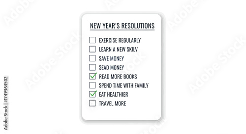 New Year's Resolutions checklist with options like reading, saving money, and eating healthier