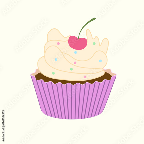 Cute cupcake with cream frosting, sprinkles, and a cherry on top. Sweet vector dessert illustration perfect for bakery design, cafe menu, or food packaging.