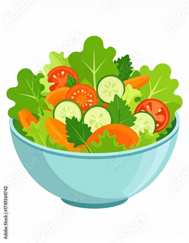 Fresh Salad Bowl Vector Clipart with Lettuce Tomato Cucumber and Carrot Isolated on White Background