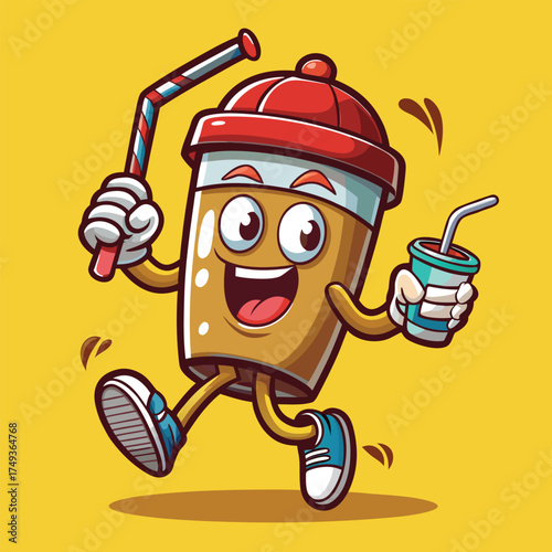 Happy cartoon coffee cup character running with drinks on yellow background