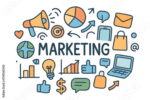 Doodle Marketing Icons. Marketing. Hand-drawn doodle illustration of Marketing. megaphone, target, email,