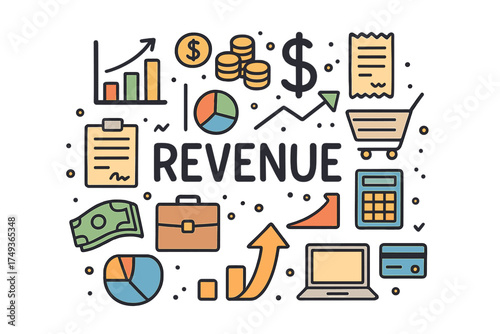 Revenue Doodle Art. Revenue. Hand-drawn doodle illustration of Revenue. bar chart, coins, dollar sign, graph