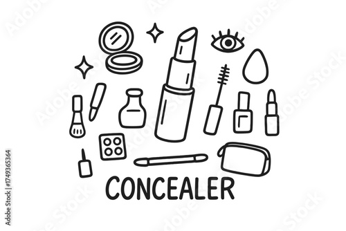 Concealer Doodle Art. Concealer. Hand-drawn doodle illustration of Concealer. In the middle, one slightly