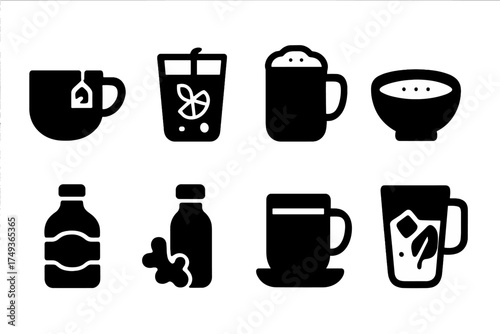 Wellness Drink Icons. Wellness Drinks. Filled icon set of Wellness Drinks: herbal infusion cup, detox water