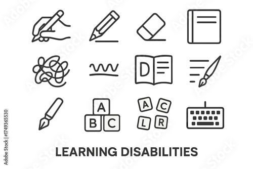 Learning Disabilities Icons. Learning disabilities. Line outline icon set of Learning disabilities: writing