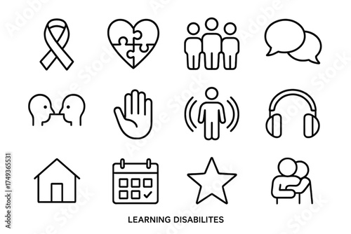 Learning Disabilities Icons. Learning disabilities. Line outline icon set of Learning disabilities: autism