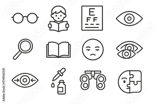 Learning Disabilities Icons. Learning disabilities. Line outline icon set of Learning disabilities: glasses,