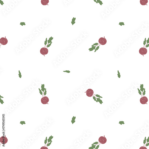 Seamless pattern of radishes drawn with chalk. Cute hand-drawn vegetable illustration on a blackboard texture. Perfect for children’s designs,  eco projects, healthy food concepts, and kitchen decor