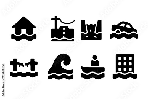 Flood Damage Icons. Flood Damage. Filled icon set of Flood Damage: submerged house, flooded street, broken dam