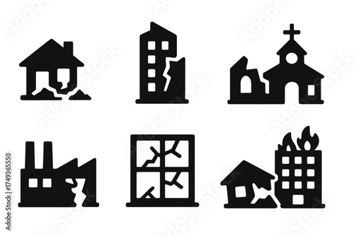Destroyed Building Icons. Destroyed Buildings. Filled icon set of Destroyed Buildings: collapsed house,