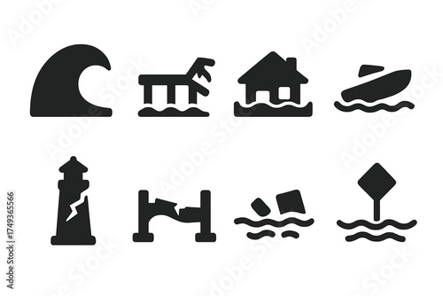 Tsunami Impact Icons. Tsunami Damage. Filled icon set of Tsunami Damage: giant wave, destroyed pier, flooded