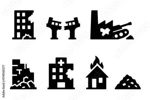 War Devastation Icons. War Damage. Filled icon set of War Damage: bombed building, destroyed bridge, collapsed