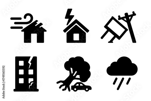 Storm Damage Icons. Storm Damage. Filled icon set of Storm Damage: blown roof, lightning strike, broken power
