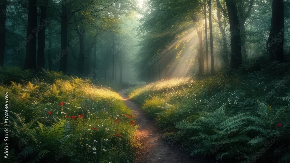 Fototapeta premium Sunlit Forest Path - A Serene Journey Through Natures Embrace.