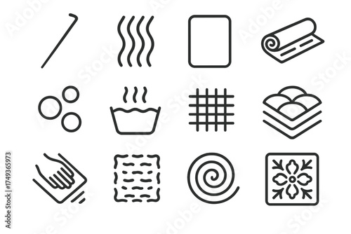 Fabric Art Icons. Fabric dyeing and textile art techniques. Line outline icon set of Fabric dyeing and textile