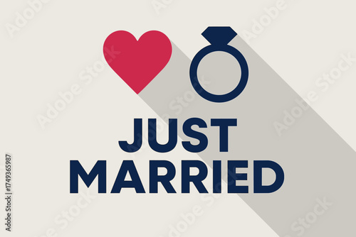 Minimalist Wedding Poster. Just Married B. geometric sans heavy, flat fills, long angled shadows, minimalist