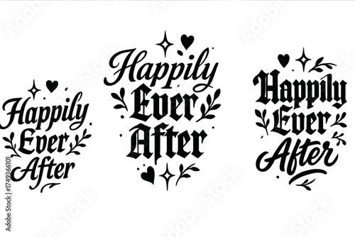Romantic Calligraphy Trio. Happily Ever After. Create a calligraphy lettering illustration of the phrase: