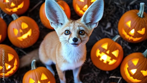 A fennec fox with large ears sits among carved Halloween pumpkins. The pumpkins are bright orange with spooky faces, creating a festive atmosphere.	
