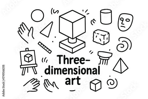 3D Art Doodle. Three-dimensional art. Hand-drawn doodle illustration of Three-dimensional art. In the middle,