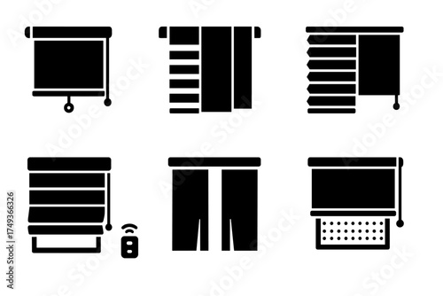 Modern Window Treatments Icons. Modern Window Treatments. Filled icon set of Modern Window Treatments: roller