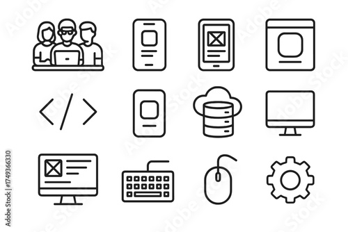 Tech Startup Icons. A team working on an app development project in a tech startup. Line outline icon set of A