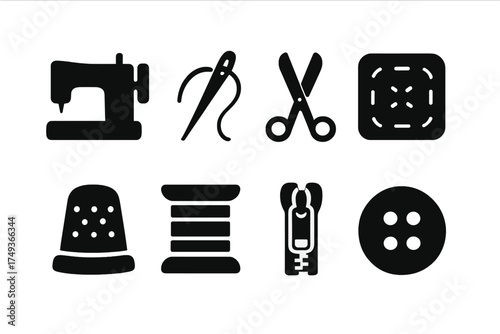 Fashion Repair Icons. Fashion Repair. Filled icon set of Fashion Repair: sewing machine, needle and thread,