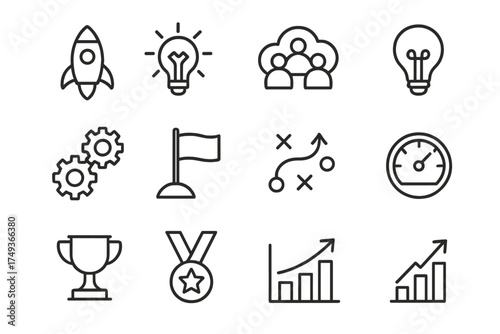 Tech Startup Icons. A team working on an app development project in a tech startup. Line outline icon set of A