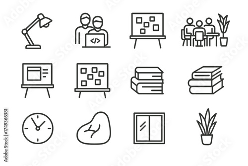 Tech Startup Icons. A team working on an app development project in a tech startup. Line outline icon set of A