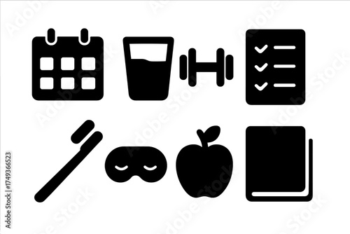 Daily Habits Icons. Habits. Filled icon set of Habits: calendar, water glass, dumbbell, checklist, toothbrush,