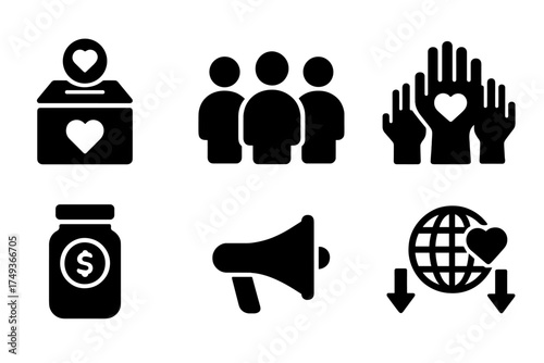 Crowdfunding Icon Set. Crowdfunding for Social Good. Filled icon set of Crowdfunding for Social Good: donation