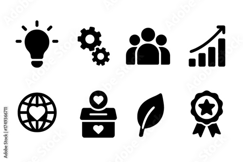 Innovation Icon Set. Innovation for Good. Filled icon set of Innovation for Good: light bulb, gears, people