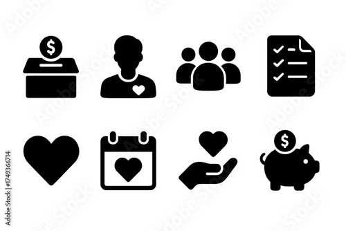 Nonprofit Icon Set. Nonprofit. Filled icon set of Nonprofit: donation box, volunteer, group of people,