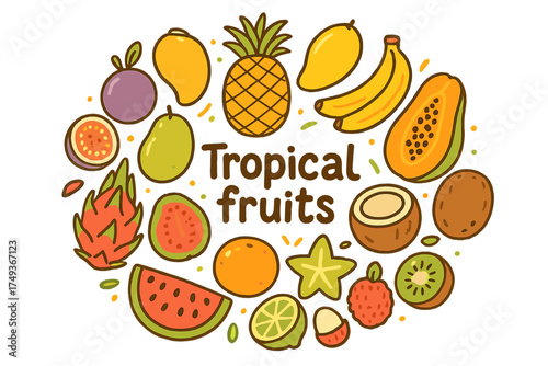 Colorful Tropical Fruits. Tropical fruits. Hand-drawn doodle illustration of Tropical fruits. pineapple, mango