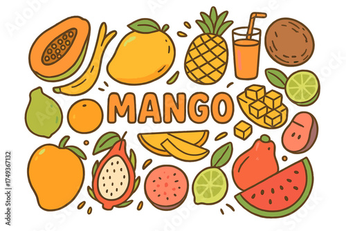 Colorful Mango Doodle. Mango. Hand-drawn doodle illustration of Mango. whole mango, mango slices, mango cubes,