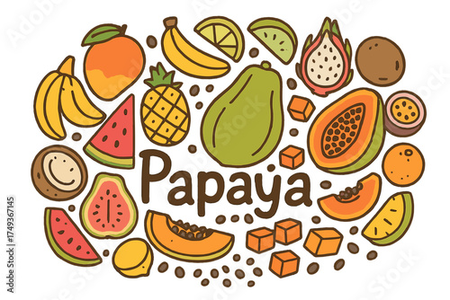 Tropical Fruit Doodle. Papaya. Hand-drawn doodle illustration of Papaya. whole papaya, papaya slices, papaya